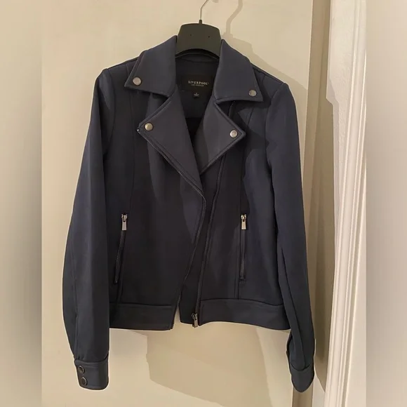S Suede Faux LiverPool Biker Moto Jacket Coat Navy Blue/Silver Accents NWT New! - Picture 1 of 9